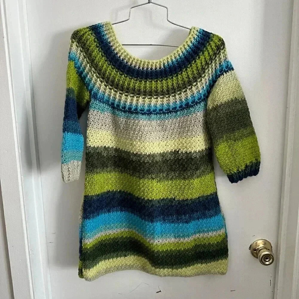 Handmade XS crochet knit dress blue green short with 3/4 sleeves - Picture 2 of 10